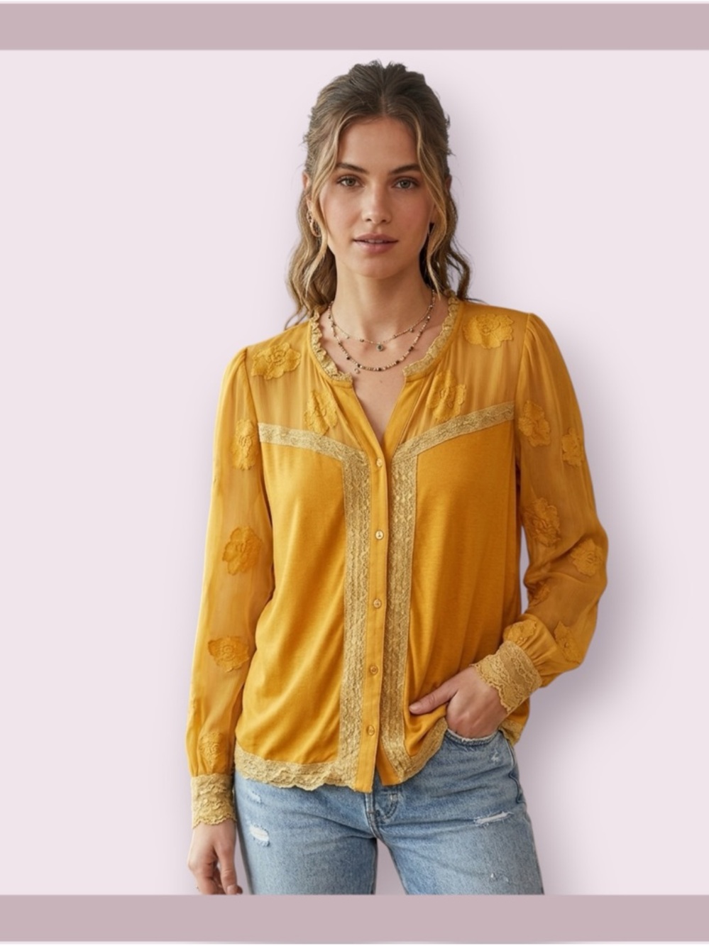 Meadow Rue Mustard Yellow Lacy Blouse